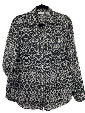 New York & Company Womens Leopard Print Button-Up Shirt Blouse SZ L